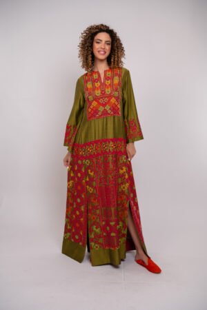 Arabi Collection - Green Thob with Yellow and Red Hand Embroidery and Beads