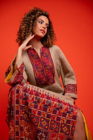 Arabi Collection - Beige Linen Thobe with Multicolor Hand Embroidery and Beads