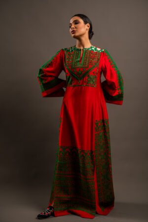 Arabi Collection - Red Thobe with Green Hand Embroidery and Beads