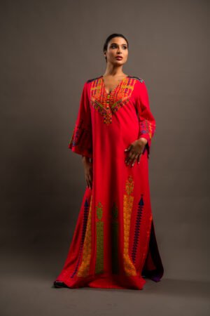Arabi Collection - Red Thobe with Multicolor Hand Embroidery and Beads