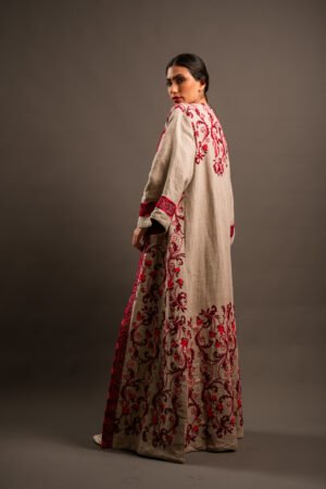 Arabi Collection - Beige Linen Abaya with Red Hand Embroidery and Beads