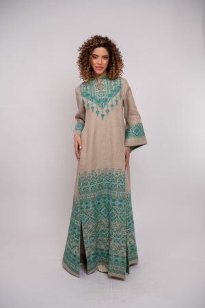 Badia Collection - Beige Linen Thob with Turquoise hand Embroidery and Beads