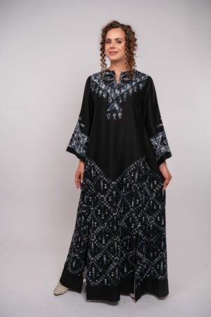 Badia Collection- Black Thobe With White Hand Embroidery and Beads