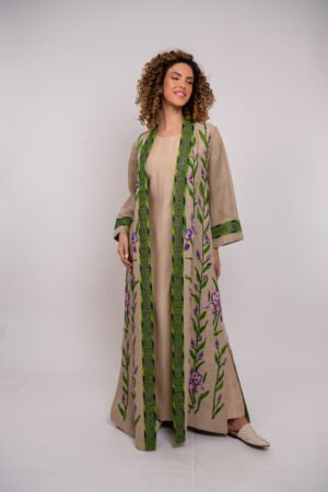 Arabi Collection- Linen Thoub with Green Jourie Hand Embroidery and Beads